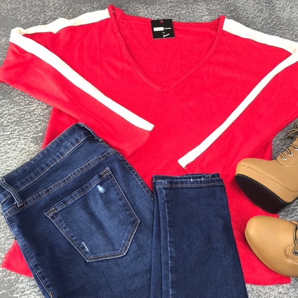 💥NEW ARRIVAL💥Bright Red V Neck Knit Sweater Top - Picture 2 of 8